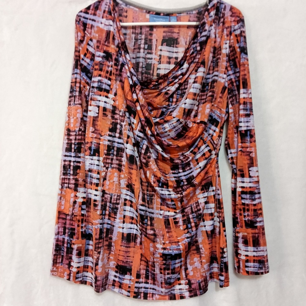 Simply Vera Vera Wang Orange Purple Abstract Cowl Neck Top XL Long Sleeve Blouse